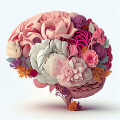 Brain symbol and flowers background. World mental health day concept. Creativity concept illustration. Ai generated