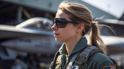 Proud Young Adult Female Air Force Fighter Pilot In Front of Her F-16 Combat Aircraft on the Tarmac - Generative AI.
