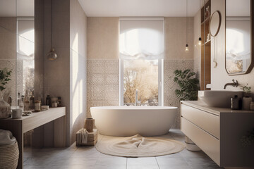 Fototapeta na wymiar Cute modern bathroom, boho design interior style. Beige light colors. Super photo realistic background, generative ai