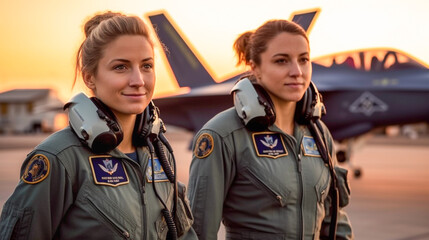 Fototapeta premium Two Proud Young Adult Female Air Force Fighter Pilots In Front of Their F-35 Combat Aircraft on the Tarmac - Generative AI.