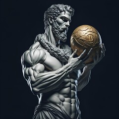 Greek God, Holding Bitcoin Globe with Reflection About Cryptocurrency © Tomasz