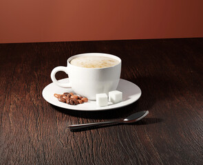 3d rendering coffee cup isolated on wooden table with spoon, sugar cube for mockup, branding, advertising etc
