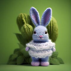 children's toy knitted rabbit on a green background. Idea for knitting, generative ai