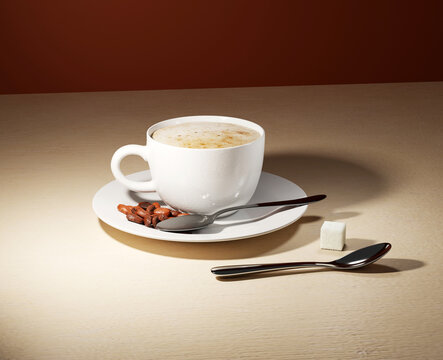 3d render coffee cup isolated on table with spoon, sugar cube for mockup, branding and advertising etc