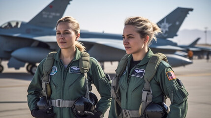 Two Proud Young Adult Female Air Force Fighter Pilots In Front of Their F-16 Combat Aircraft on the Tarmac - Generative AI.