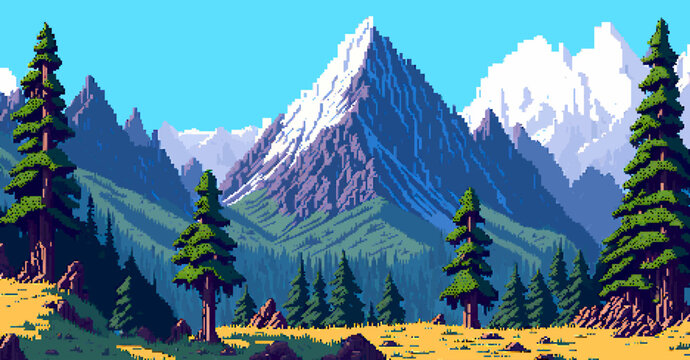 Landscape 8bit pixel art. Summer natural landscape mountain scenery arcade video game background