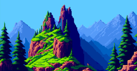 Landscape 8bit pixel art. Summer natural landscape mountain scenery arcade video game background