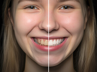 Young Adult Girl Showing Her Beautiful Before and After Teeth Whitening Smile - Generative AI.