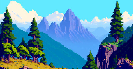 Landscape seamless 8bit pixel art. Summer natural mountain