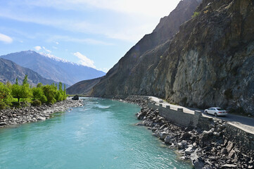 River Gilgit and Karakoram Highway at Gupis Valley in Northern Pakistan