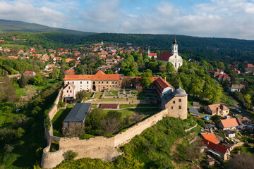 Aerial view about the castle of Pecsvarad. The building is a fortified monastery founded back in 988