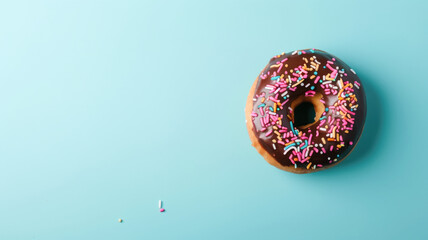 Delicious donut in chocolate icing and colored sprinkles on a bright blue background. Sweet desserts, holiday National Donut Day Generative AI
