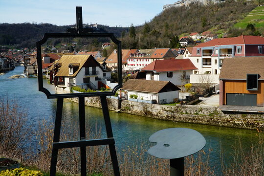 View on the Ornans river and buildings with the house inscribed in the easel