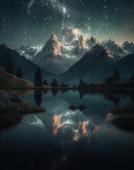 A landscape with mountains that reflect on a lake and  Milky Way in the background created with Generative AI technology