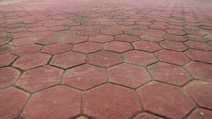 Footpath concrete block. hexagon red paving blocks. The texture of the paved tile on the bottom of...