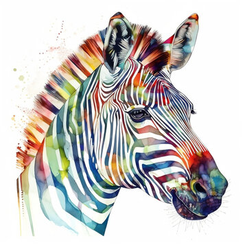 Zebra Head Watercolour Portrait Bright Colours