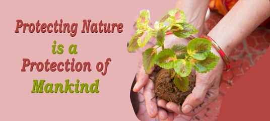 Banner written protecting nature is a protection of mankind text with plant on hand. spread...