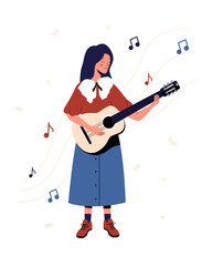 Vector illustration of a smiling girl who sings and plays the guitar. A girl in stylish clothes is performing, and notes are depicted in the background. The concept of Eurovision, music competitions.