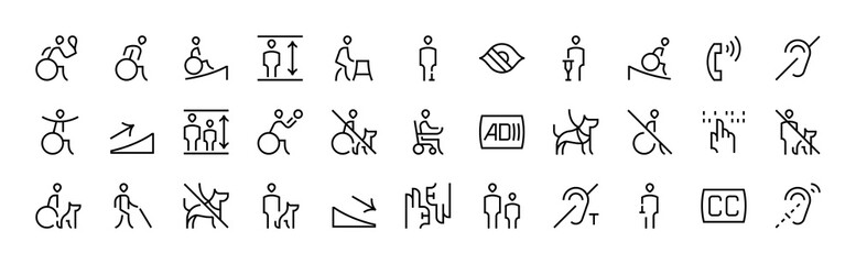Set of disability icons. Disabled icon set. Mental, physical, sensory, intellectual disability icons. Accessibility vector illustration.