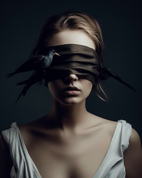 a portrait of a blindfolded Blind fashion woman with birds, created with  Generative AI technology Stock Illustration