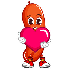 vector mascot character illustration of a crowned fairy sausage carrying a pink heart