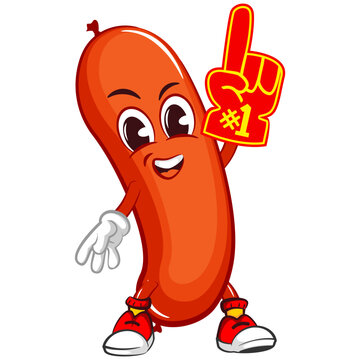 vector mascot character illustration of a sausage pointing a foam finger up