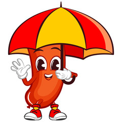 vector mascot character illustration of a sausage with an umbrella