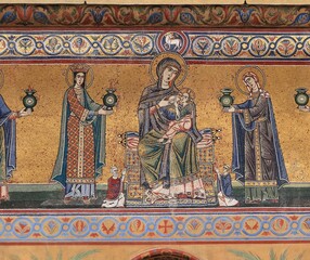 Santa Maria in Trastevere Church Facade Mosaic Detail Depicting Mary Breastfeeding Baby Jesus in Rome, Italy