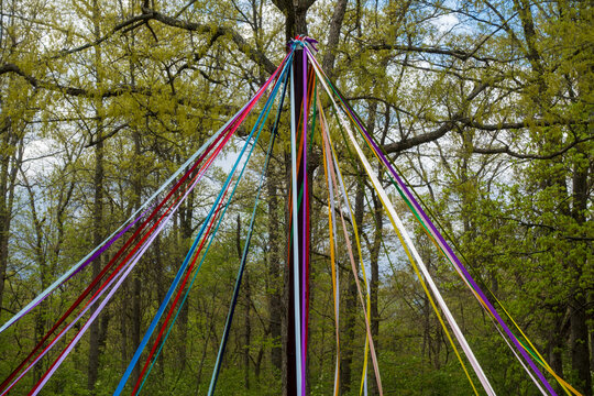 Pagan Maypole Ribbons Ready to Dance for Beltane Ritual on May Day