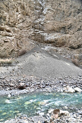 Scenery of River and Wild Himalayan Ibex in Khunjerab National Park, Pakistan