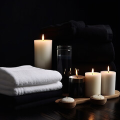 Obraz na płótnie Canvas Towels and candles with a dark background. Spa still life. Spa composition of candles and rose. Spa setting with brown rolled towel and orchids and candles. 3D realistic illustration. Generative AI