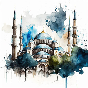Turkey Blue mosque watercolor paint