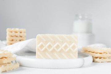 Vanilla wafers on a marble plate, wafer cookies filled with vanilla cream
