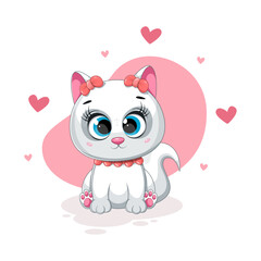 Cartoon kitten with cute bows and hearts
