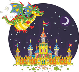 Fire-breathing dragon flying over a fairytale castle with high towers, defensive stone walls, gates, waving royal flags at a mysterious moonlit night, vector cartoon illustration