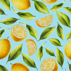 Watercolor seamless pattern with fresh ripe lemon with bright green leaves and flowers. Hand drawn cut citrus slices painting on white background. For designers, postcards, party Invitations, 