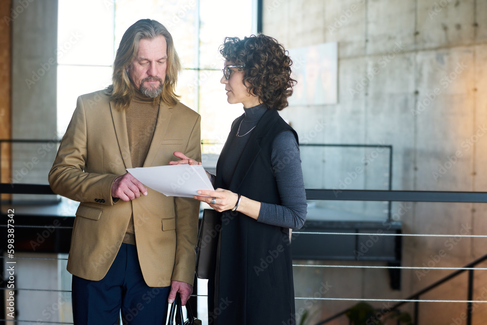 Poster confident businesswoman in formalwear showing and explaining contract terms and conditions to busine
