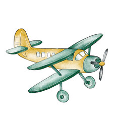 Watercolor airplane. Hand painted vintage planes isolated on white background. Collection of retro transport and skydiving