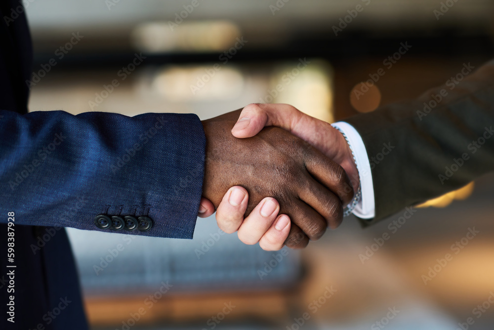 Poster close-up of handshake of young intercultural male delegates greeting one another at meeting before d
