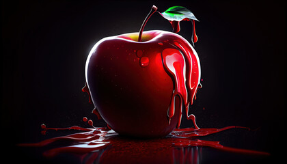 Dripping Red Color on Fresh Red Apple on Colorful Background AI Generative