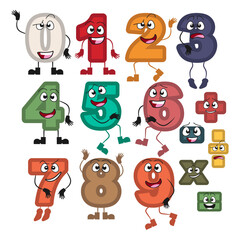 A set of cartoon numbers and various signs with funny faces. Collection of vector images