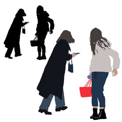 Vector silhouettes of two women with bags go towards each other. Girls with a phone in their hand. People isolated on white background