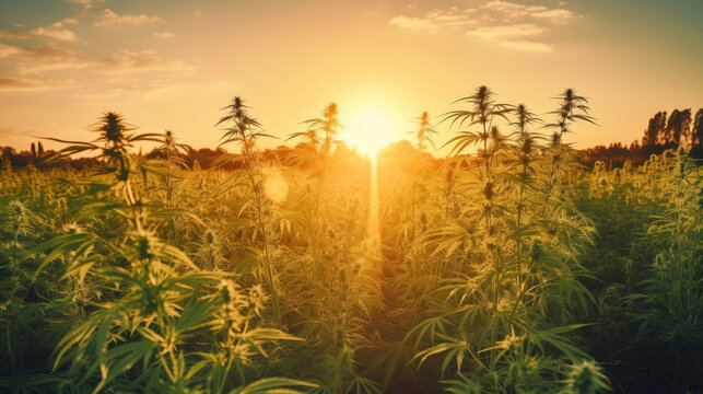 Cannabis field at sunset. Generative AI