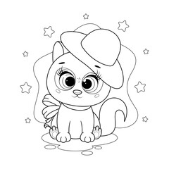 Coloring page. Cute stylish kitty with big hat and bow