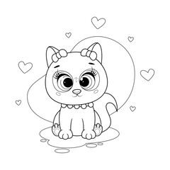 Coloring page. Cartoon kitten with cute bows and hearts