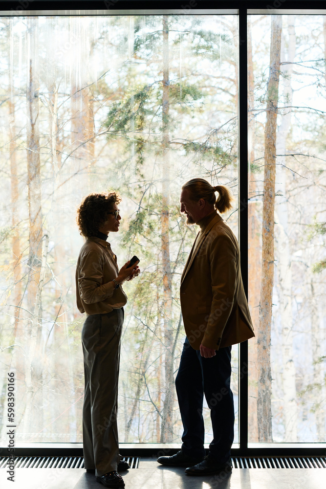 Poster two mature colleagues in smart casualwear standing by large window in corridor of office center and 