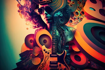 Abstract art in overlapped musician with hairstyle decorated by instrument design. Concept of captivated in exotic music styles with cyberpunk color. Glorious generative AI. Generative AI