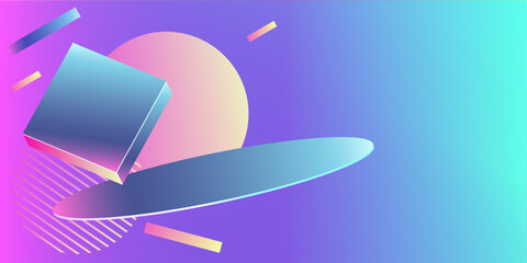 Futuristic abstract gradient bright background with various flying shapes. Zero gravity.