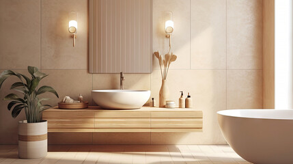 Fototapeta na wymiar Minimal interior design bathroom with beige cozy tone style, decorate with wooden decor, bathtub, sink, towels, and brown tone background, empty wall for mock up and banner, with Generative Ai.