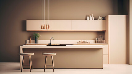 Minimal interior design kitchen room with beige cozy tone style, decorate with wooden counter. chairs and brown tone background, empty wall for mock up and banner, with Generative Ai.